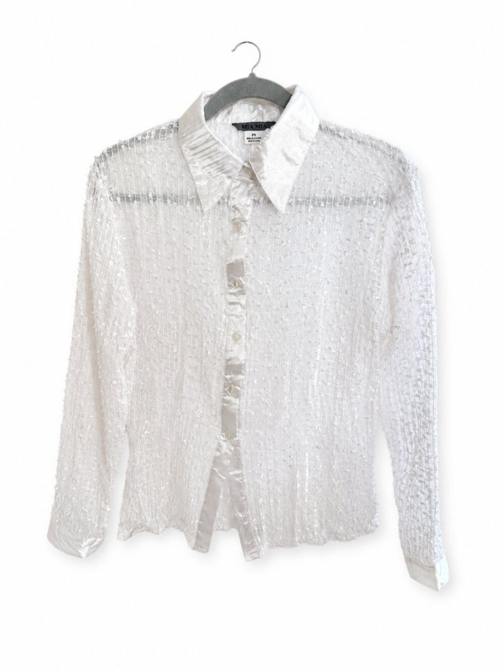 Mia Mia Ivory Vintage sequin-embellish Blouse Satin Collar Button Front Sheer PS